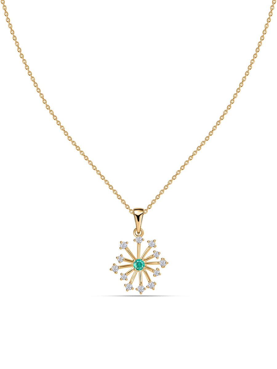 Snowflake Zambian Emerald Round Gold Pendant With Chain