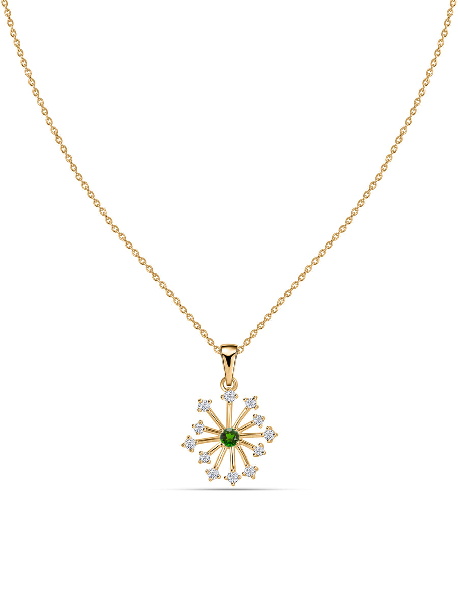 Snowflake Natural Chrome Diopside Round Gold Pendant With Chain