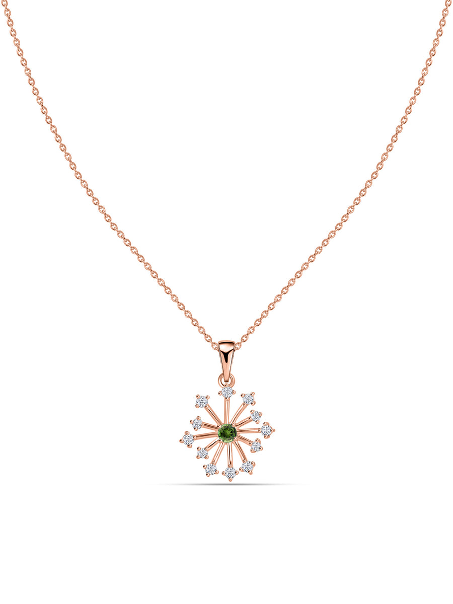 Snowflake Natural Green Tourmaline Round Gold Pendant With Chain