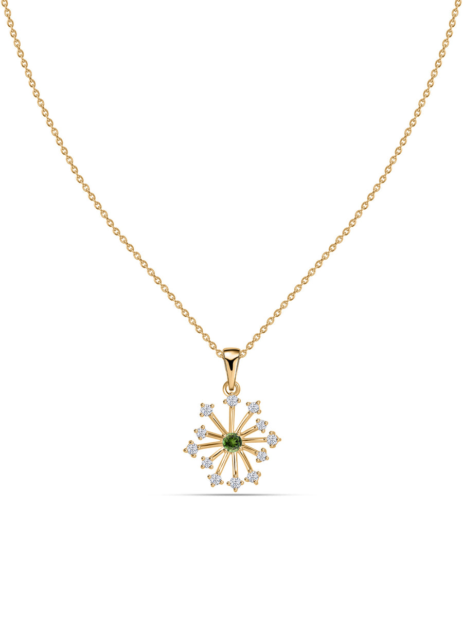 Snowflake Natural Green Tourmaline Round Gold Pendant With Chain