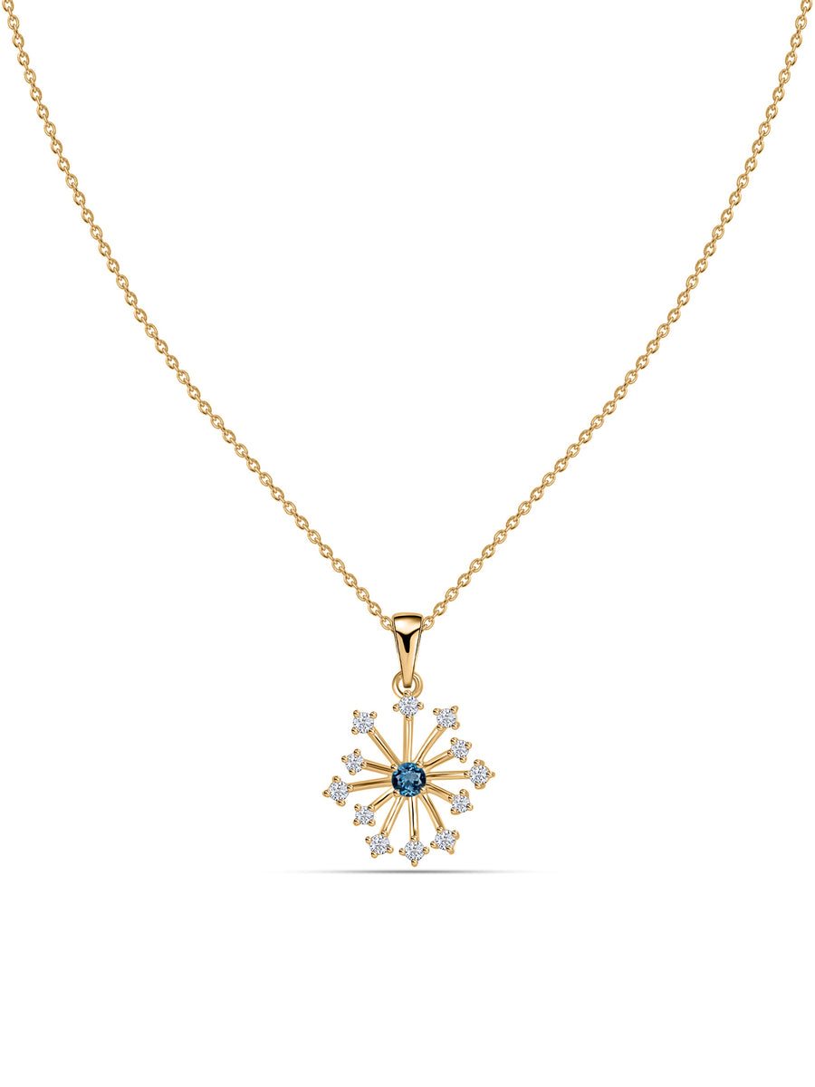 Snowflake Natural London Blue Topaz Round Gold Pendant With Chain