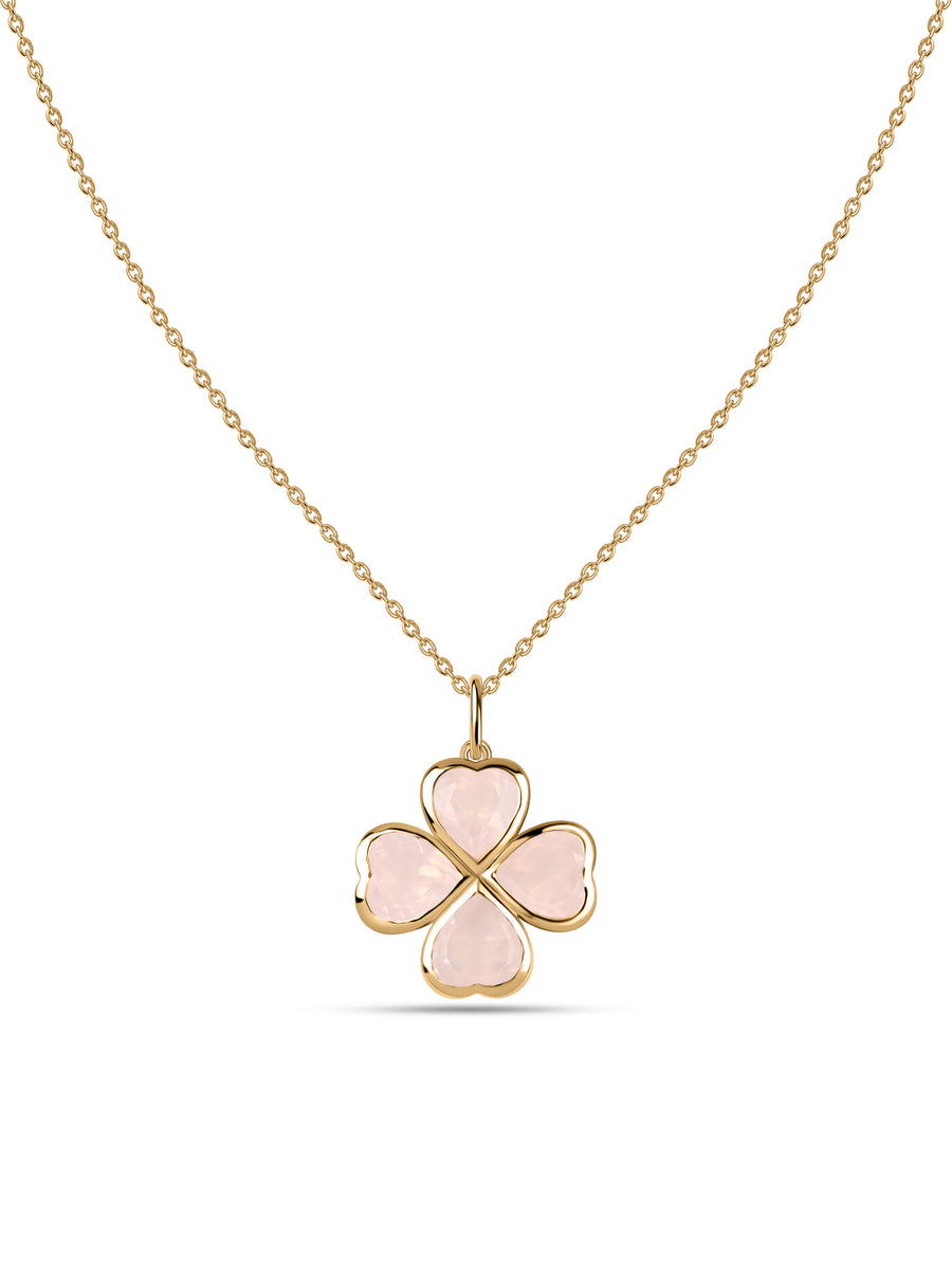 Rose Quartz Petals Gold Clover Pendant With Chain