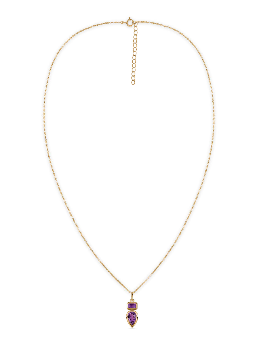 Natural Amethyst Dual Gemstone Gold Pendant with Chain