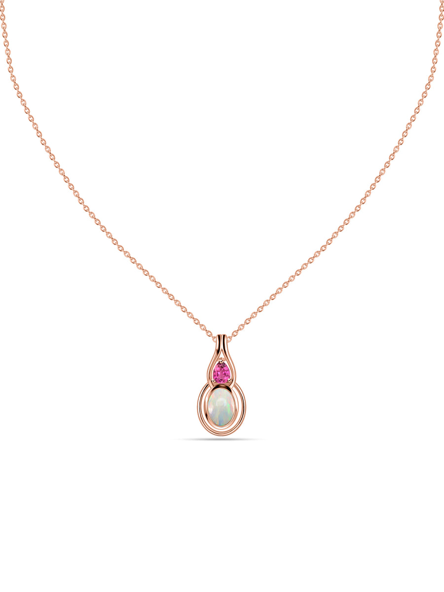 Opal & Pink Tourmaline Gold Drop Pendant with Chain