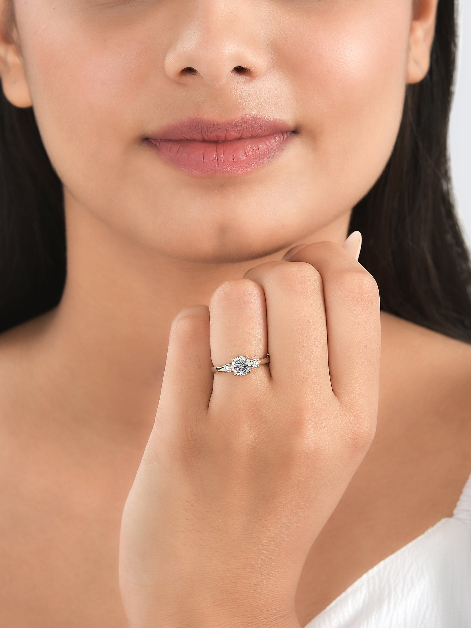 3 Stone Diamond Look Gold Plated Adjustable Ring