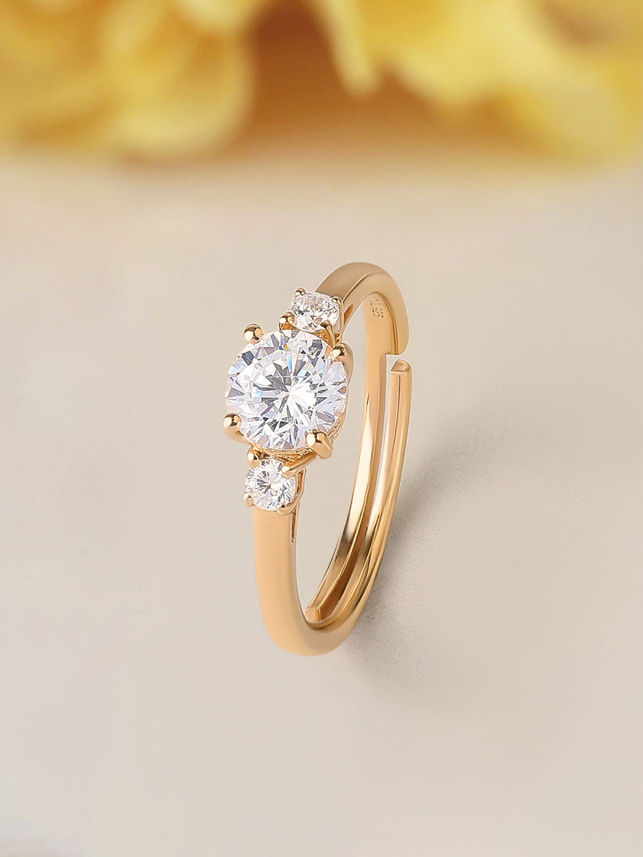 3 Stone Diamond Look Gold Plated Adjustable Ring