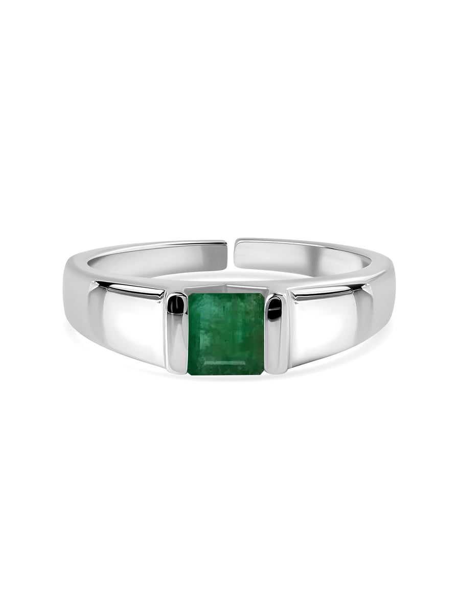 Natural Emerald Bold Band Silver Ring