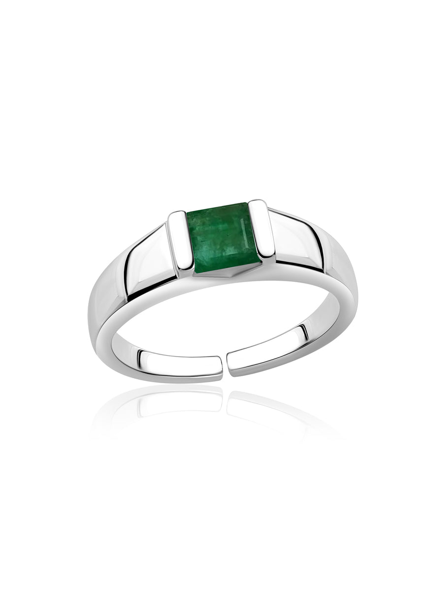 Natural Emerald Bold Band Silver Ring