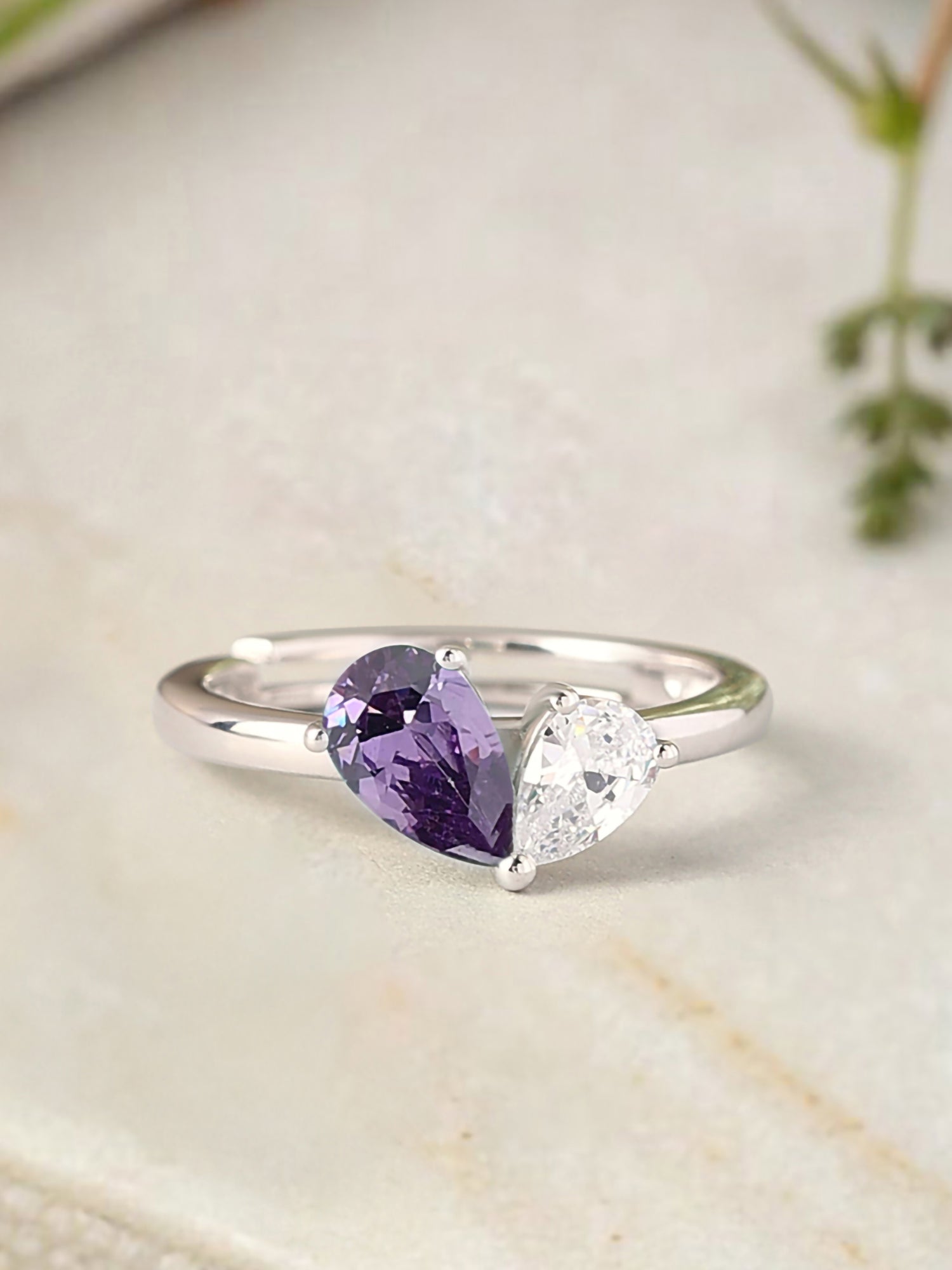Pear Purple Amethyst Toi Et Moi Adjustable Ring