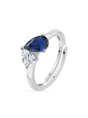 Pear Blue Sapphire Toi Et Moi Adjustable Silver Ring for Women