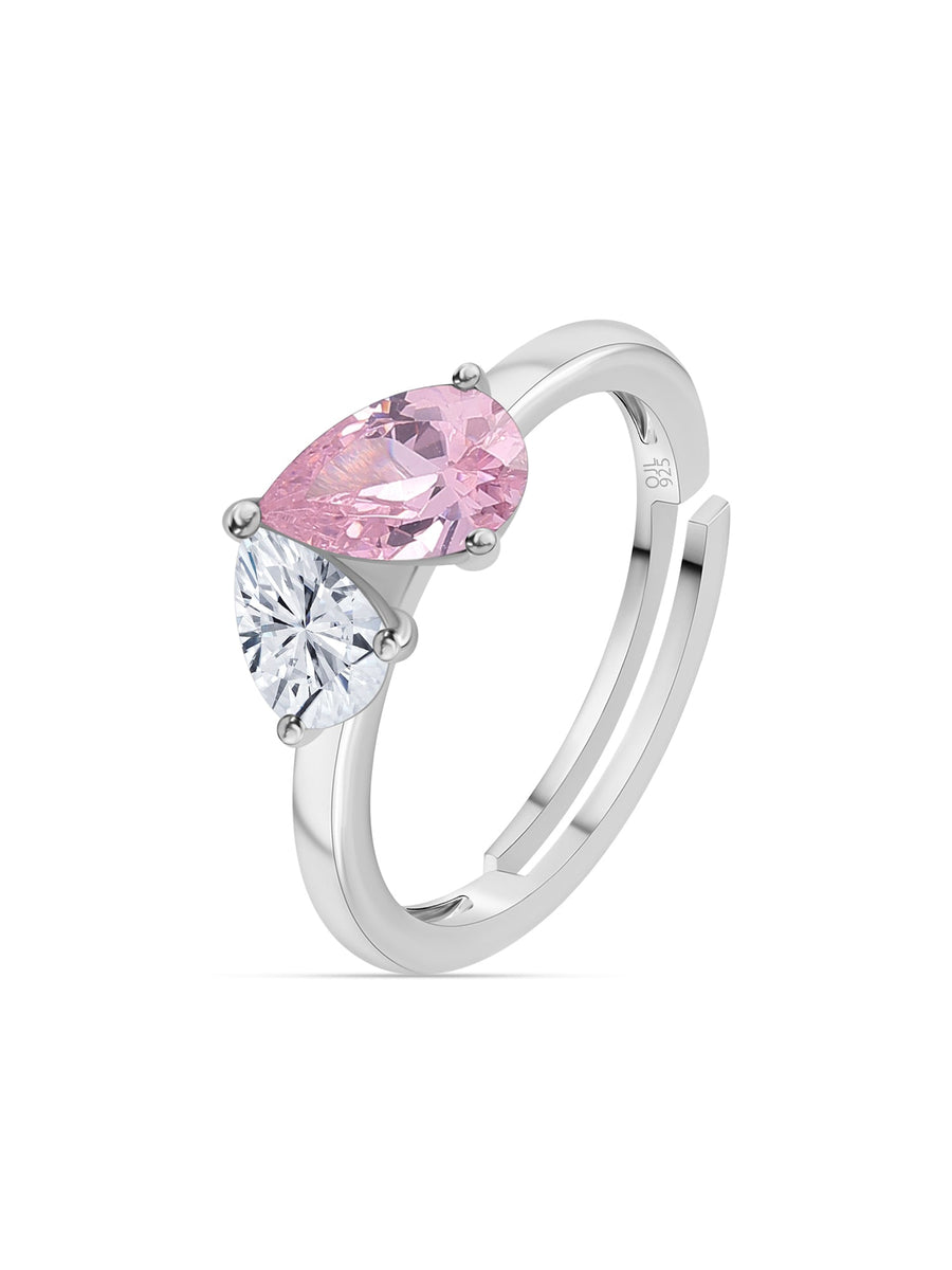 Pear Pink Cz Toi Et Moi Adjustable Silver Ring for Women