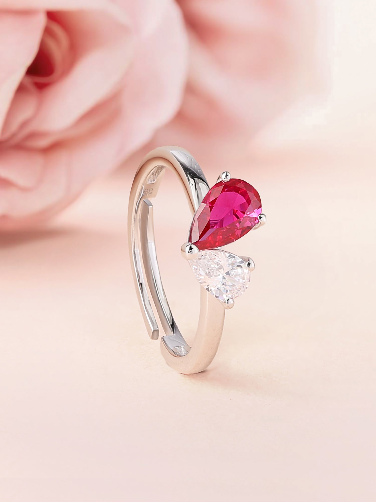 Pear Red Ruby Toi Et Moi Adjustable Ring