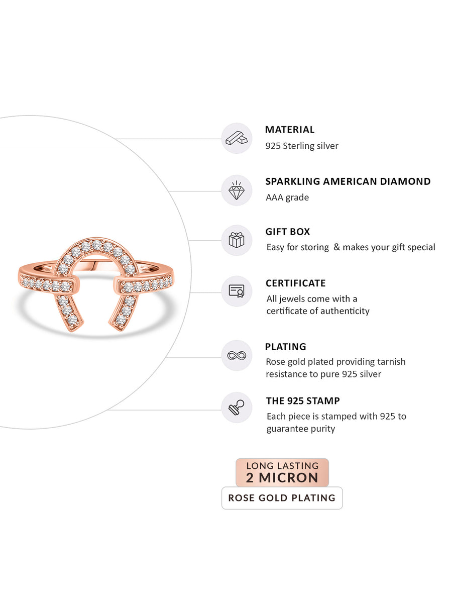 925 Silver Diamond Look CZ Horseshoe Rose Gold Ring For Women