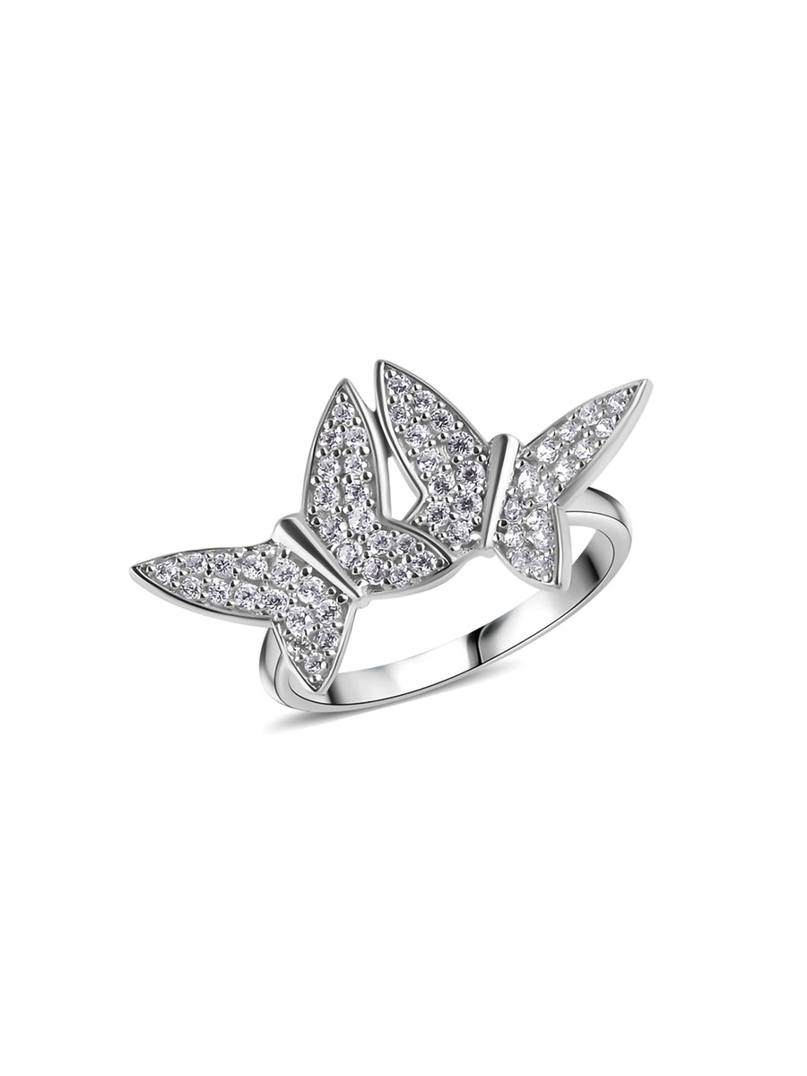 Twin Butterfly American Diamond Silver Ring