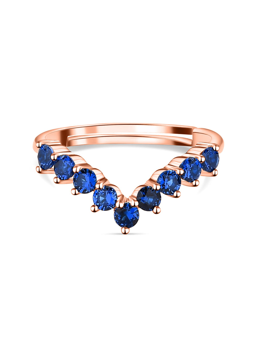 Rose Gold Lab Created Blue Sapphire Adjustable Chevron Ring In 925 Silver