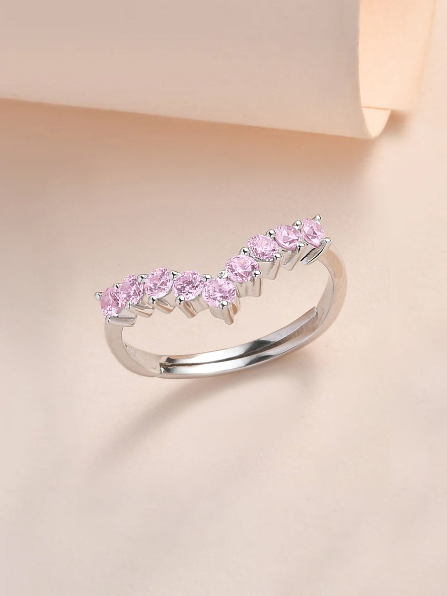 Pink Stone Adjustable Chevron Rings In 925 Silver-3