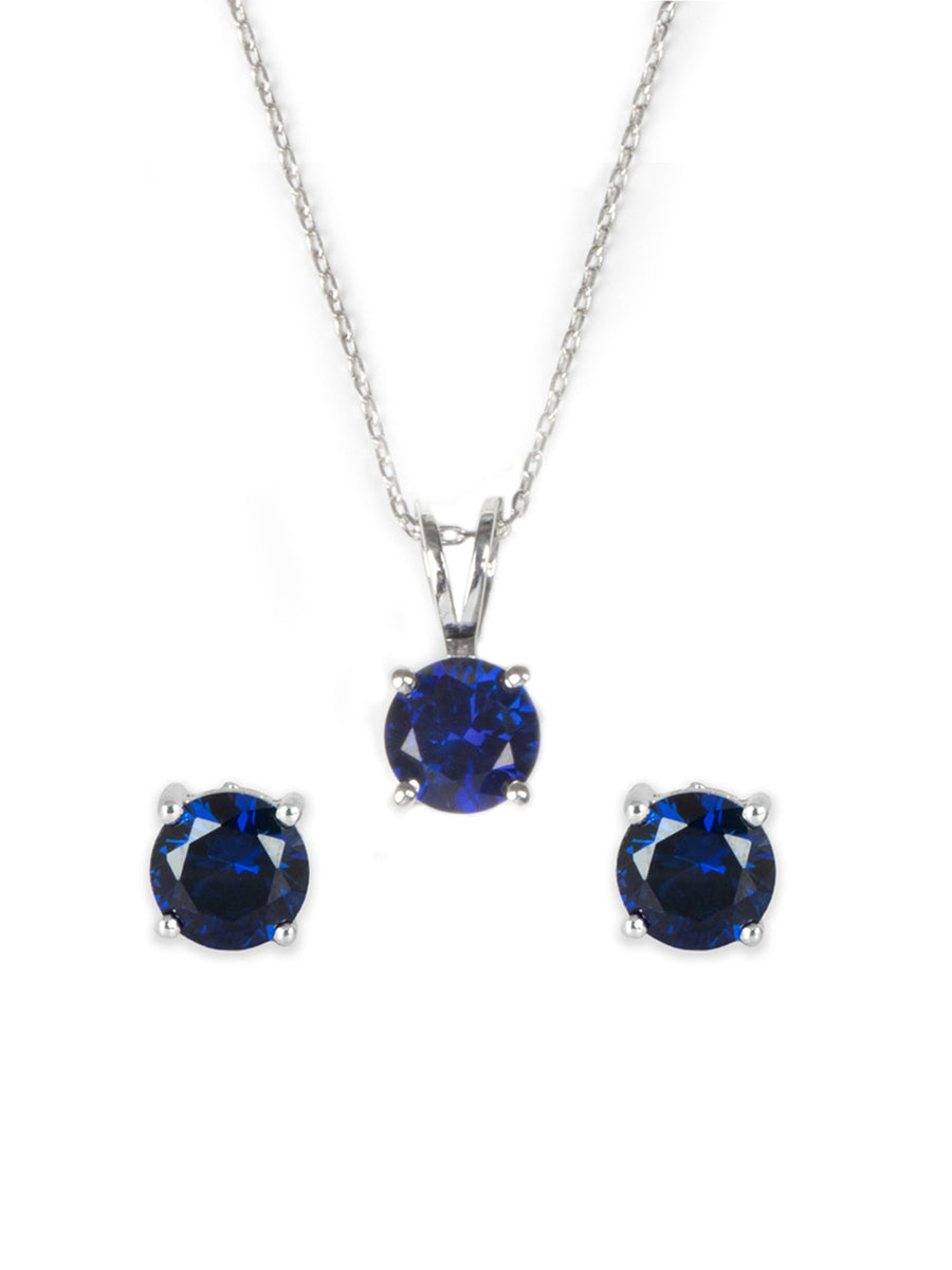 Ornate Jewels Blue Sapphire Solitaire Necklace With Earrings