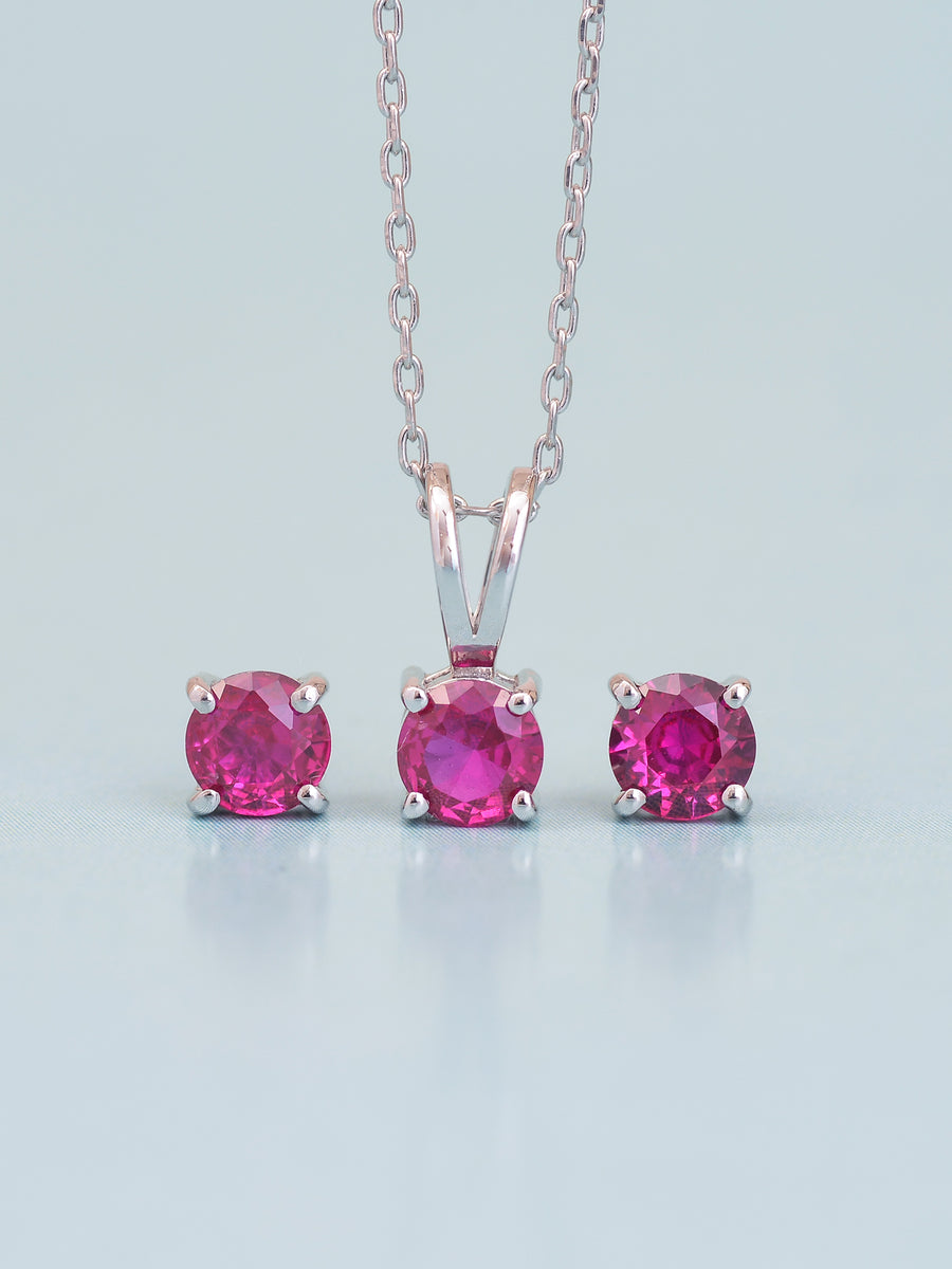 Ornate Jewels Ruby Solitaire Necklace With Earrings