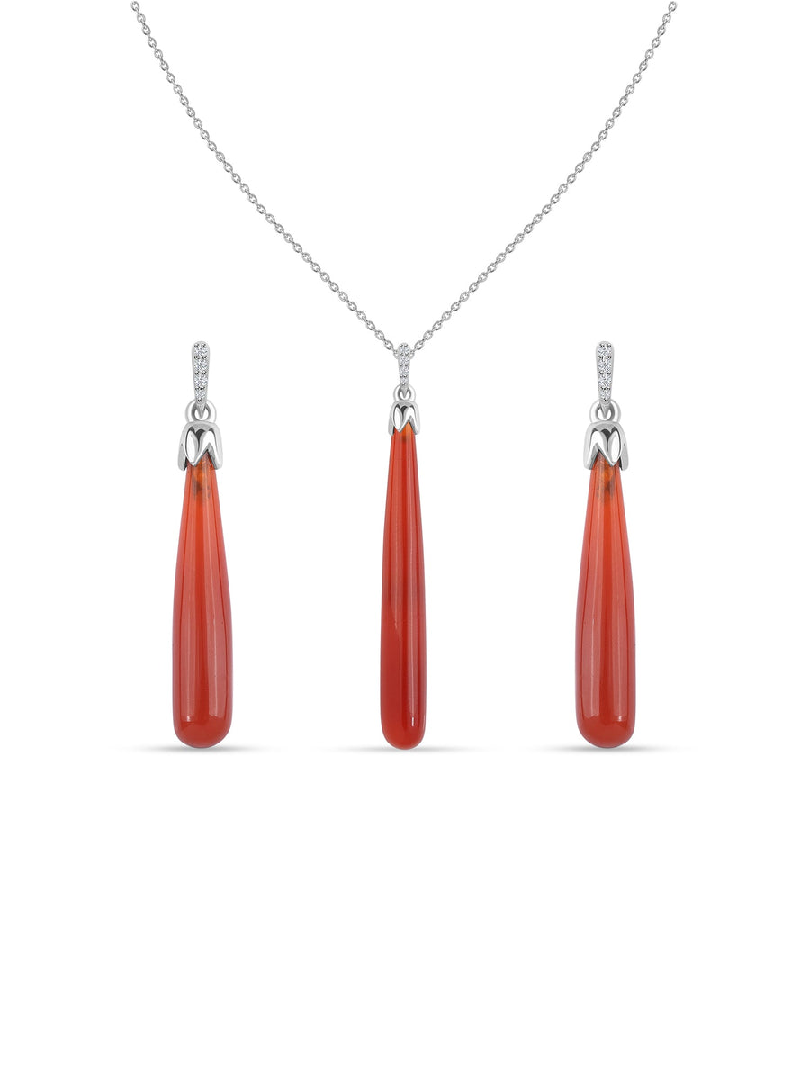 Natural Red Onyx & White Zircon Silver Jewellery Set
