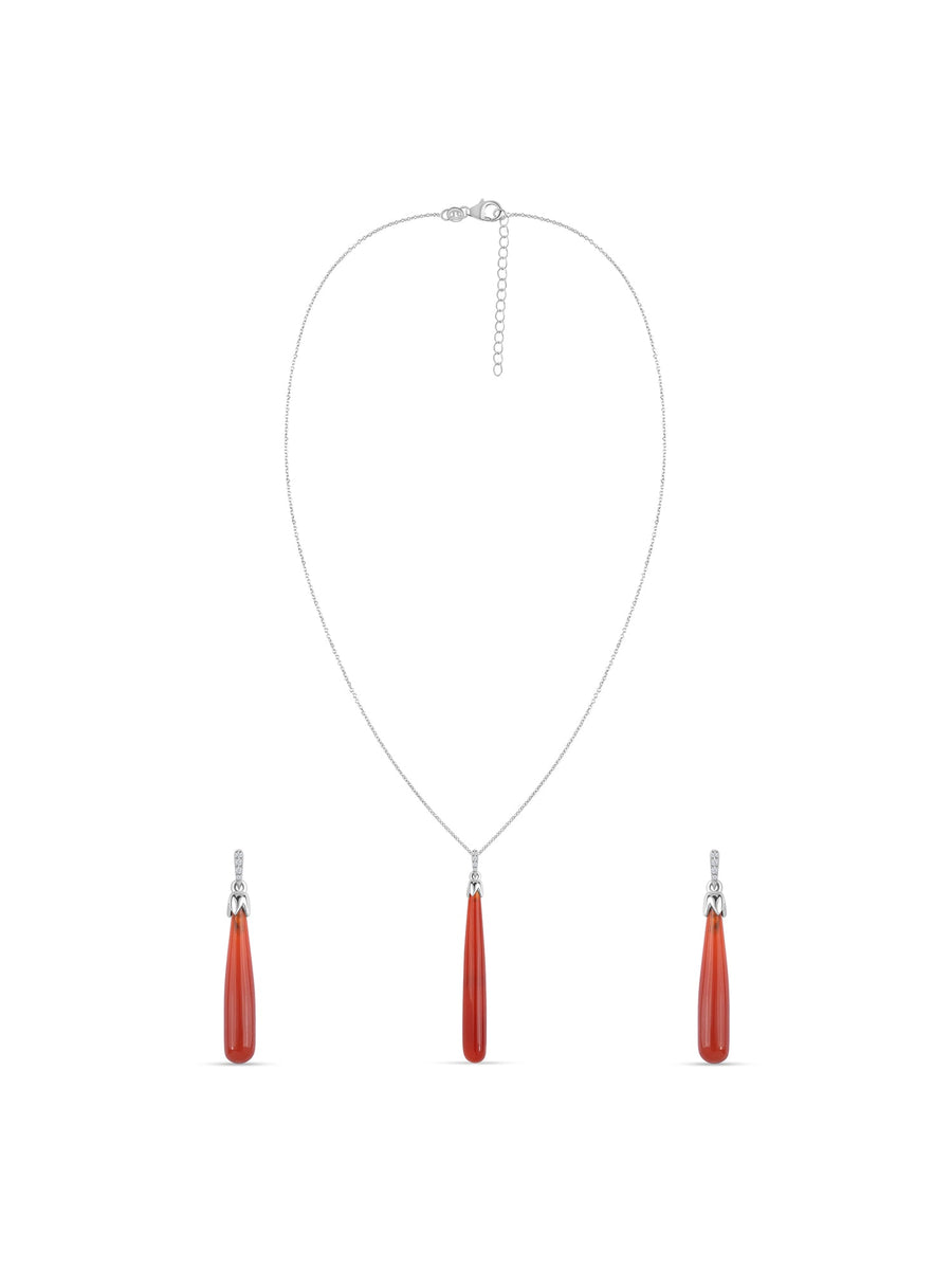 Natural Red Onyx & White Zircon Silver Jewellery Set