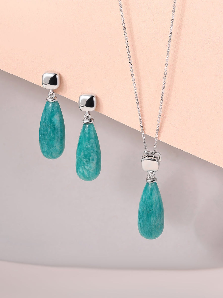 Natural Amazonite & Zircon Silver Jewellery Set