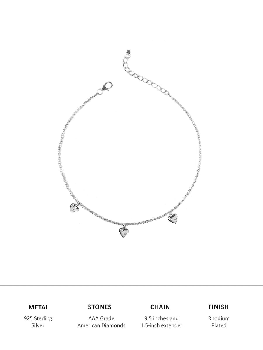 PURE SILVER TRIPLE HEARTS DESIGN ANKLET FOR WOMEN