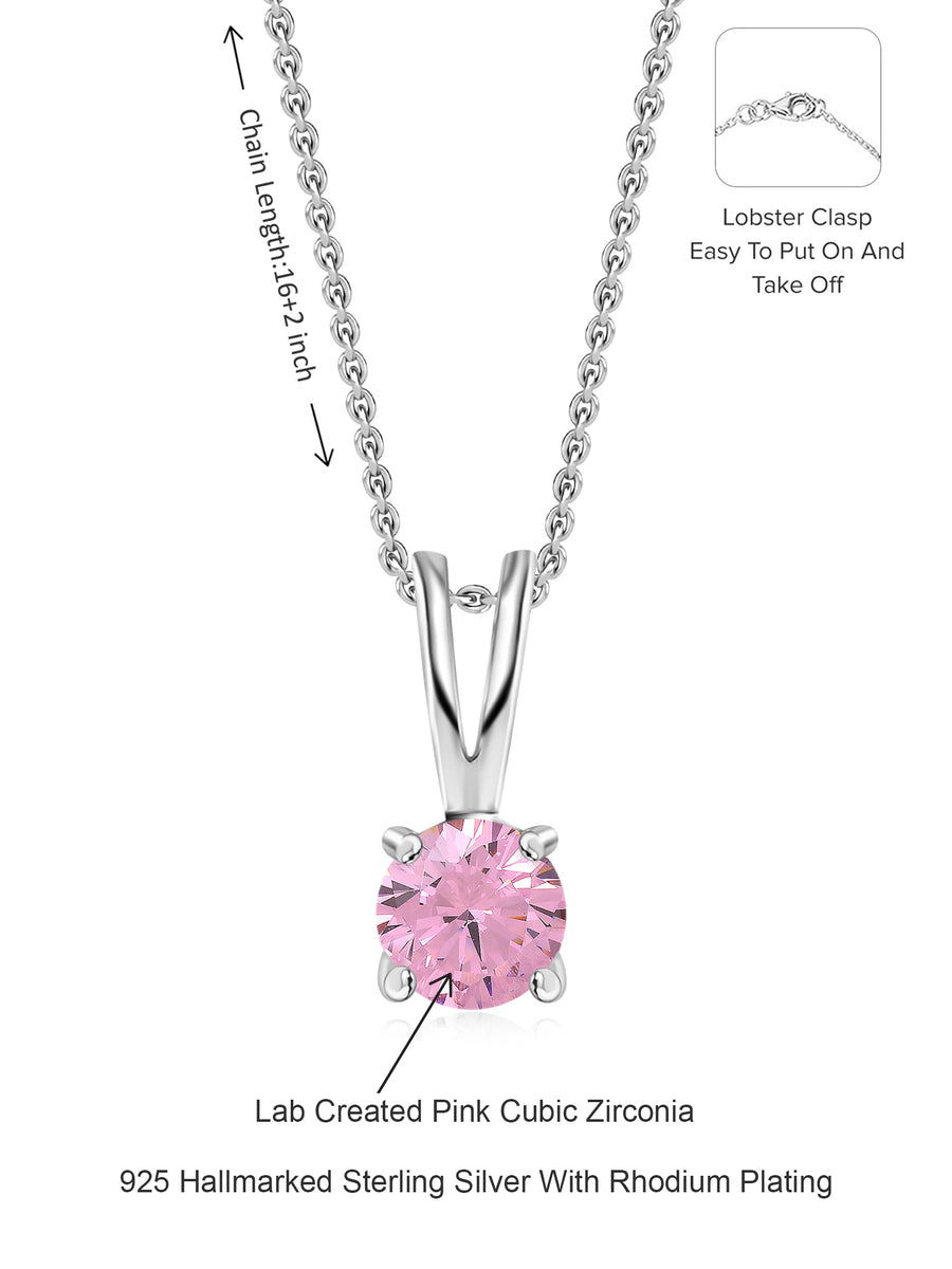 1 Carat Pink Stone Pendant Necklace In Pure Silver For Woman