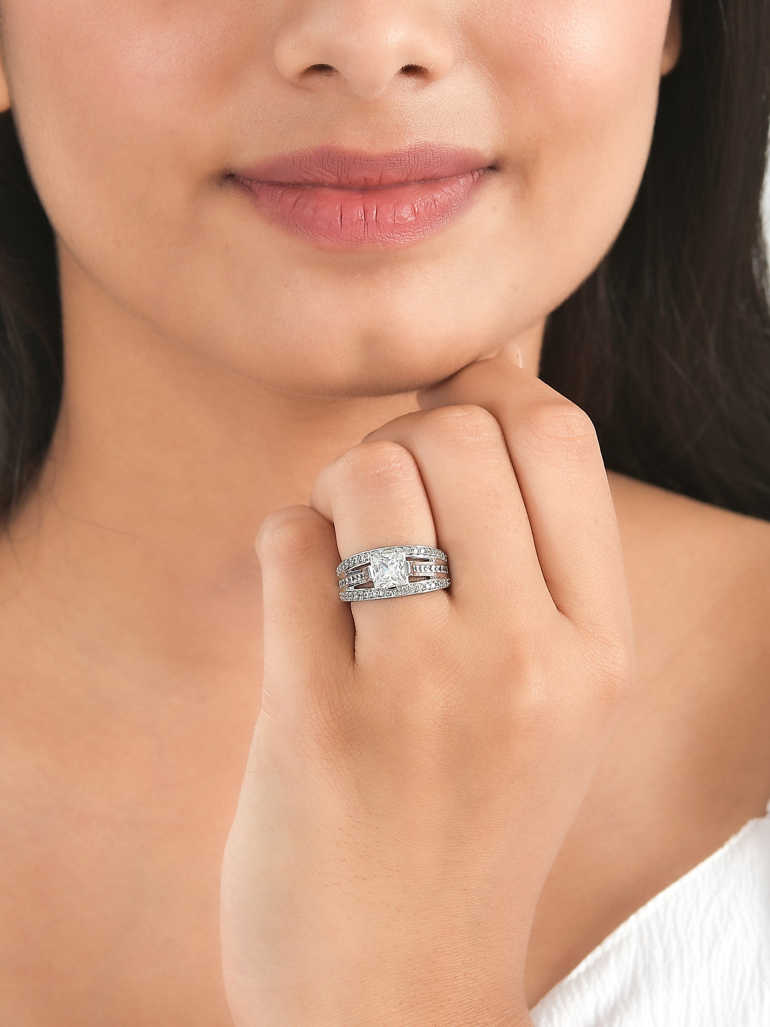 1.5 Carat Princess Solitaire Silver Ring With American Diamonds