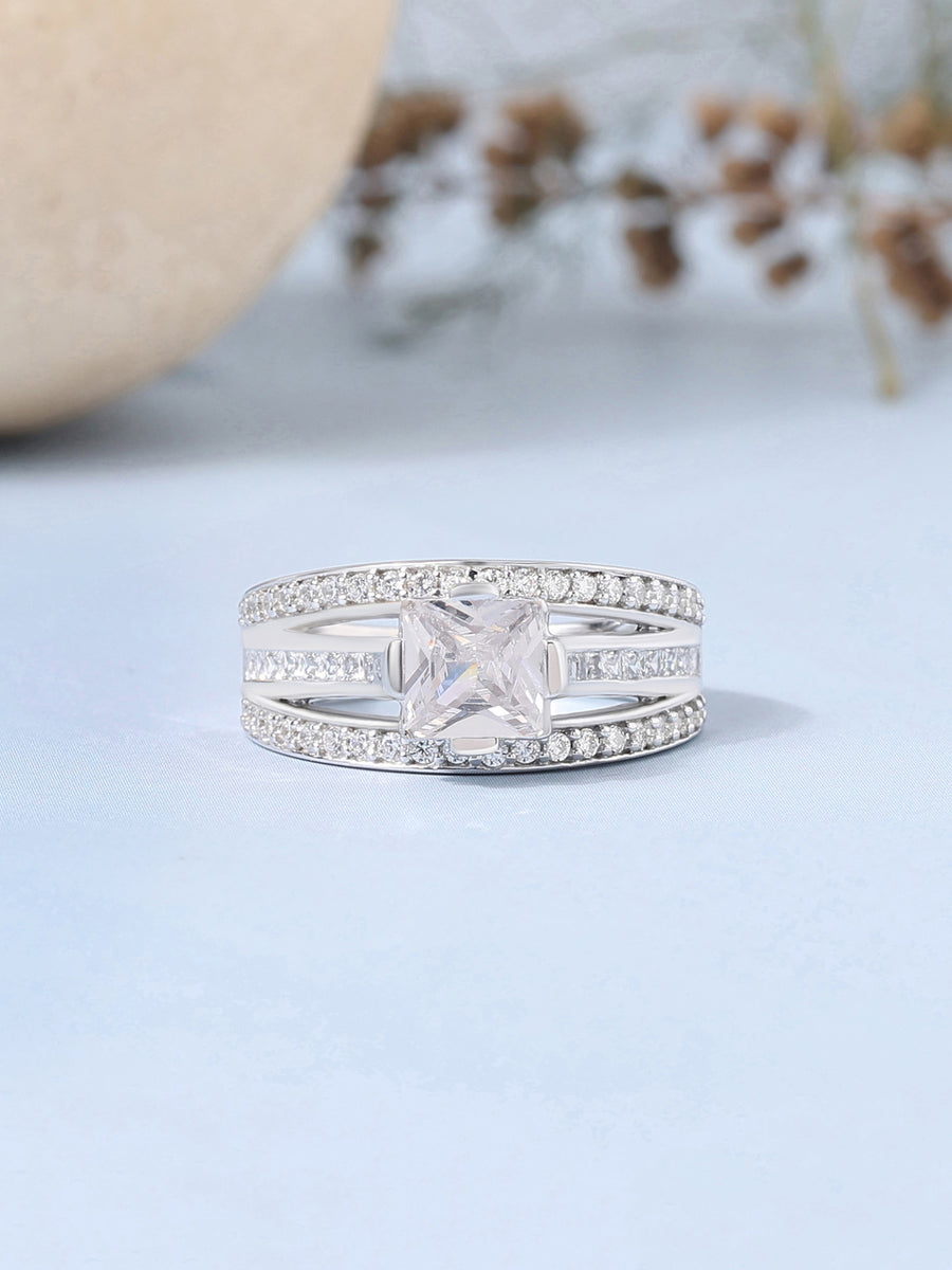 1.5 Carat Princess Solitaire Silver Ring With American Diamonds
