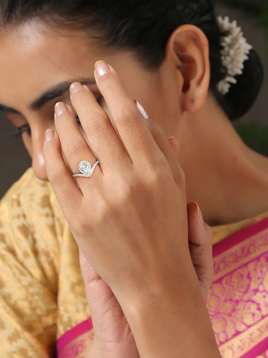 2.5 Carat American Diamond Tear Drop Silver Ring For Women