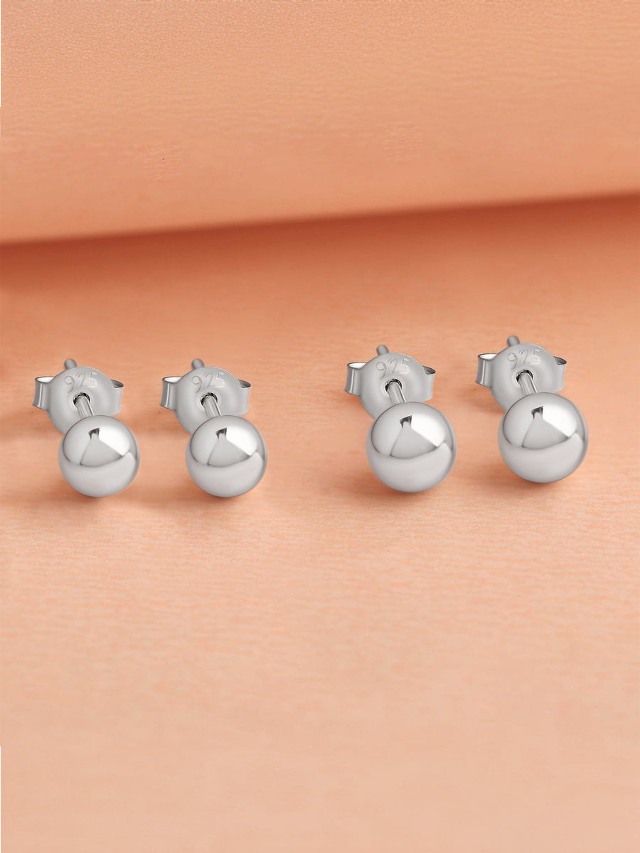 Set Of 2 Pair Ball Silver Stud Earrings 4Mm 5Mm