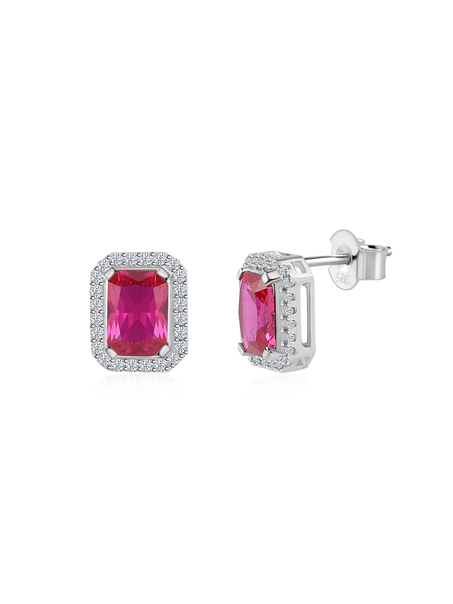 Red Ruby And American Diamond Halo Stud Earrings In 925 Silver